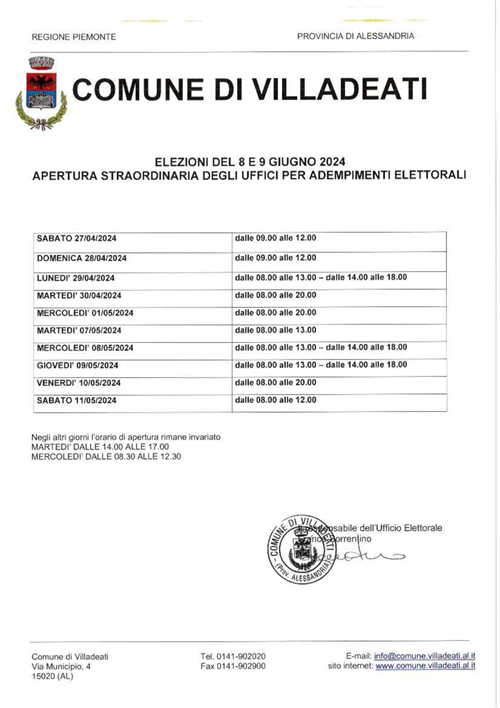 Elezioni dell'8 e 9 giugno 2024 - Apertura straordinaria degli uffici comunali