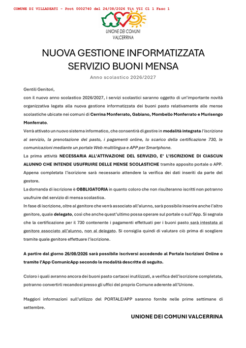Nuova gestione informatizzata servizio buoni mensa scolastica