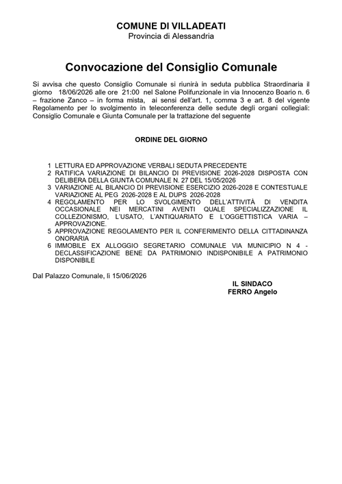 Convocazione Consiglio Comunale - 18 giugno 2026 ore 21,00