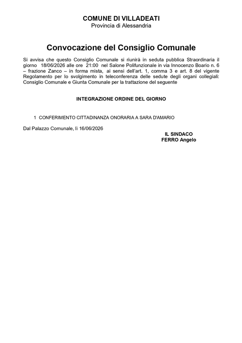 Convocazione Consiglio Comunale del 18/6/2026 - Integrazione Ordine del giorno